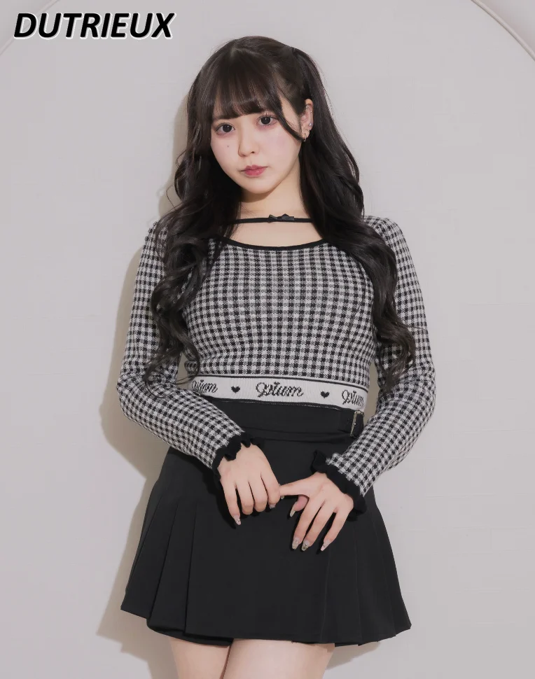 

Japanese Spring Style Mine Mass-Produced Sweet Girl Long Sleeve High Waist Plaid Knitwear All-Matching Slim Fit Sweater Pullover