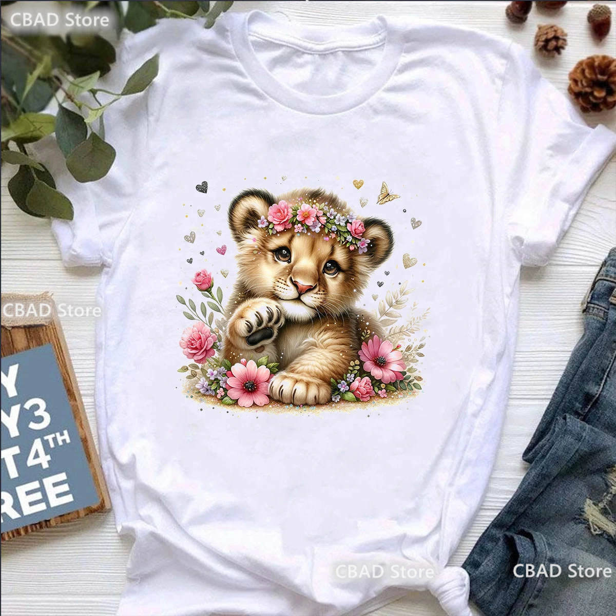 

Glitter Lion Love Flowers Animal Printed T Shirt Girls Harajuku Kawaii Women'S Clothes Summer Casual T-Shirt Femme Fashion Tops