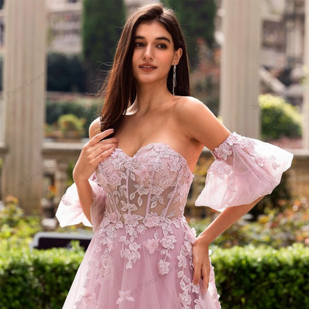 فساتين سهرة وردية بدون حمالات للفتيات 2025 فساتين حفلات مخصصة بدون أكتاف مع دانتيل جديد ناعم من التل رداء De Soirée Summer