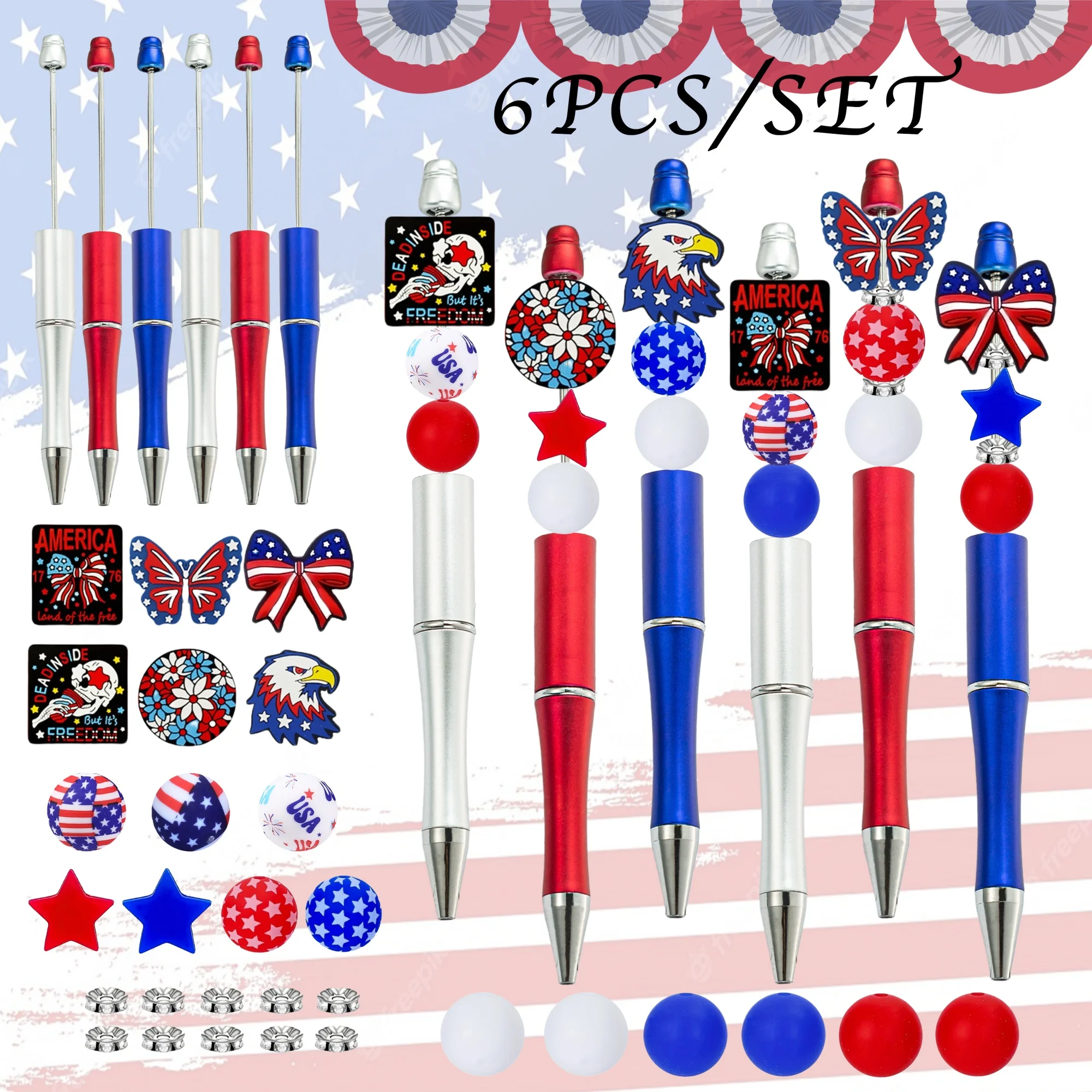 

6 шт./12 шт. патриотический орел с бантом и звездами на тему Дня независимости DIY шариковая ручка из бисера и набор силиконовых бусин, принадлежности для офиса и учебы