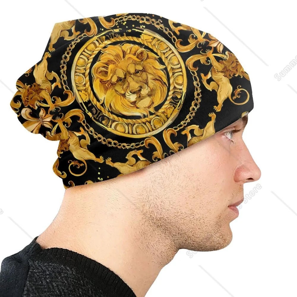 الأسد الذهبي والدمشقي Skullies Beanies قبعات مماشية للموضة تصميم فاخر رقيقة بونيه قبعات خاصة الرجال النساء غطاء للأذنين