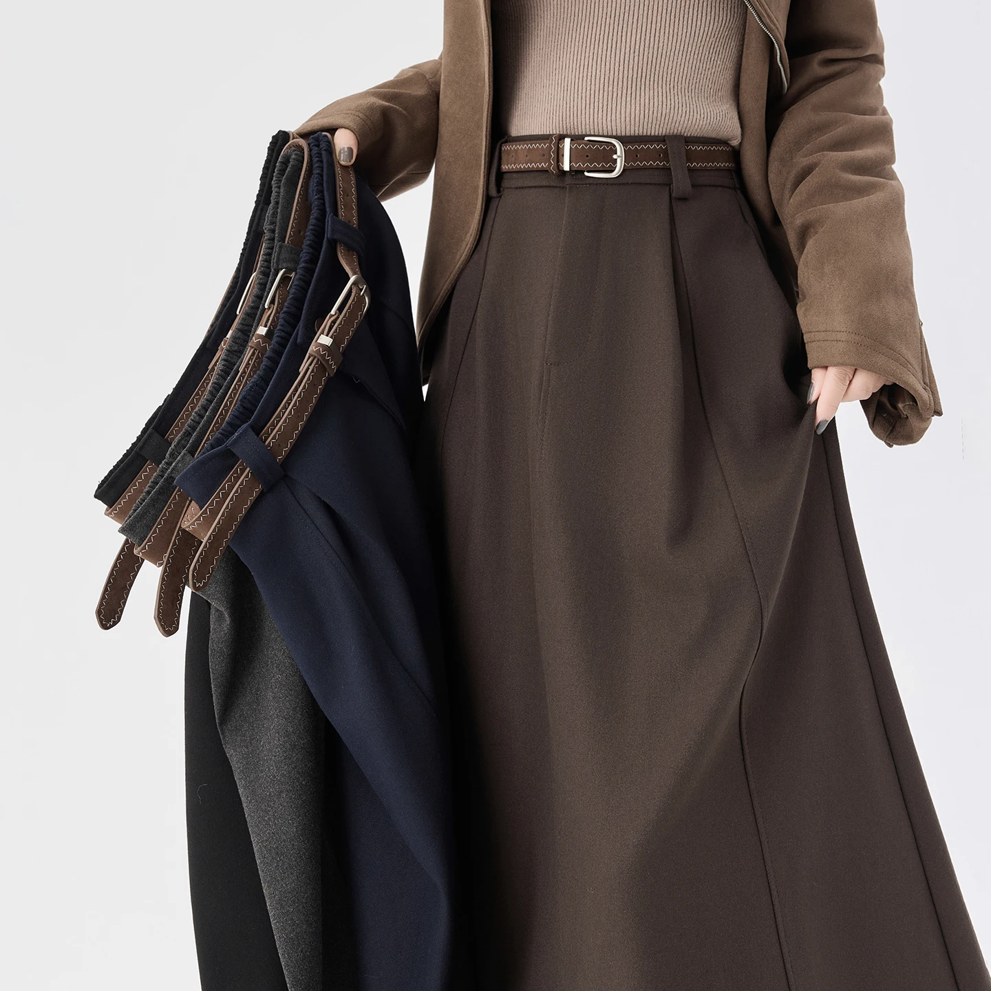 กระโปรงทรงเอ ผ้าวูล สำหรับผู้หญิง ฤดูใบไม้ร่วง ฤดูหนาว เอวสูง ทรงเอ ยาวปานกลาง กระโปรงทรงร่ม กระโปรงยาว