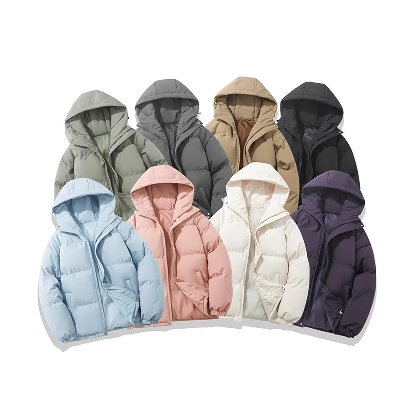 Winter Hooded Padded Jacket Solid Color Warm Cotton Coat Loose Couple Bubble Coat Windproof Casual Outerwear for Men Women