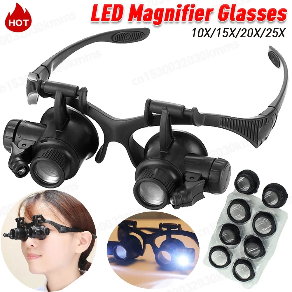 

10-25X Headband Magnifier with LED Lights Acrylic Optical Lens Tool Adjustable Barrel/Lamp for Jewelry & Clock Precision Repair
