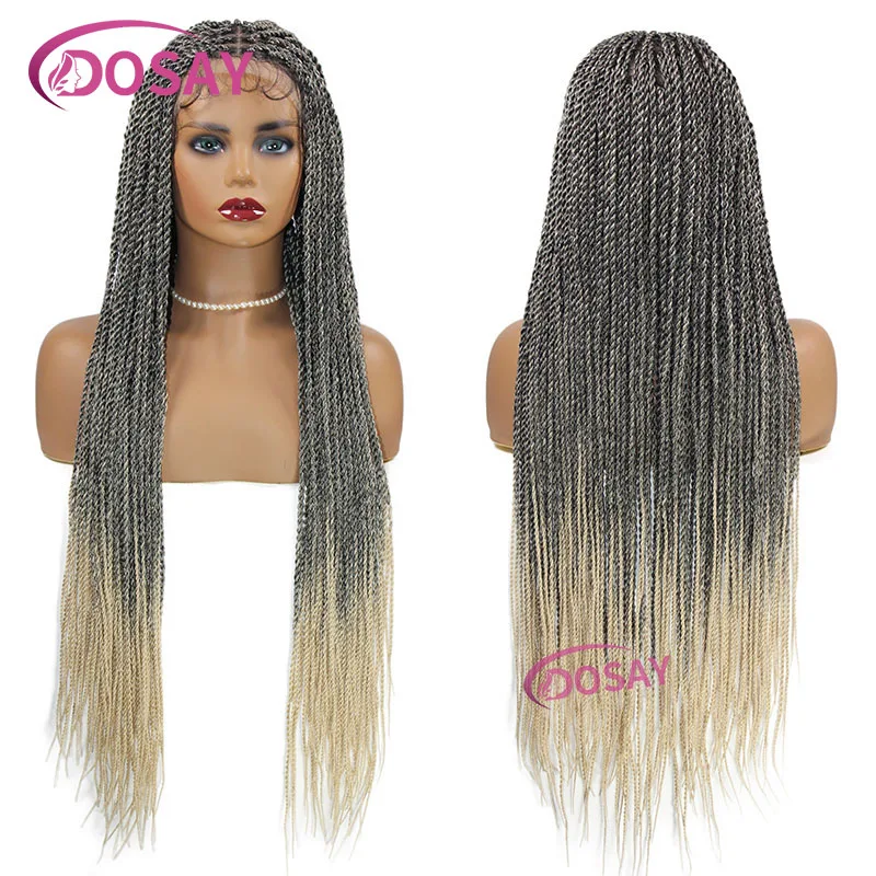 Wig kepang senegese sintetis dengan rambut palsu bayi Wig Locs renda penuh kepang Wig Ombre depan Wig 36 inci