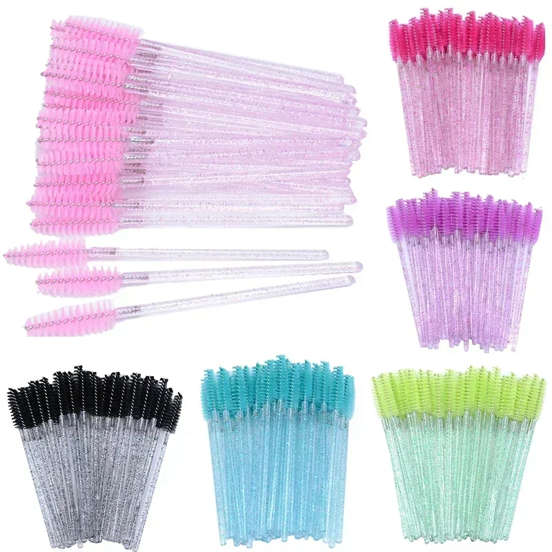 50pcs Disposable Eyelash Brushes Crystal Eye lash Mascara Wands Glitter Lash Comb Spoolies Micro Makeup Applicators