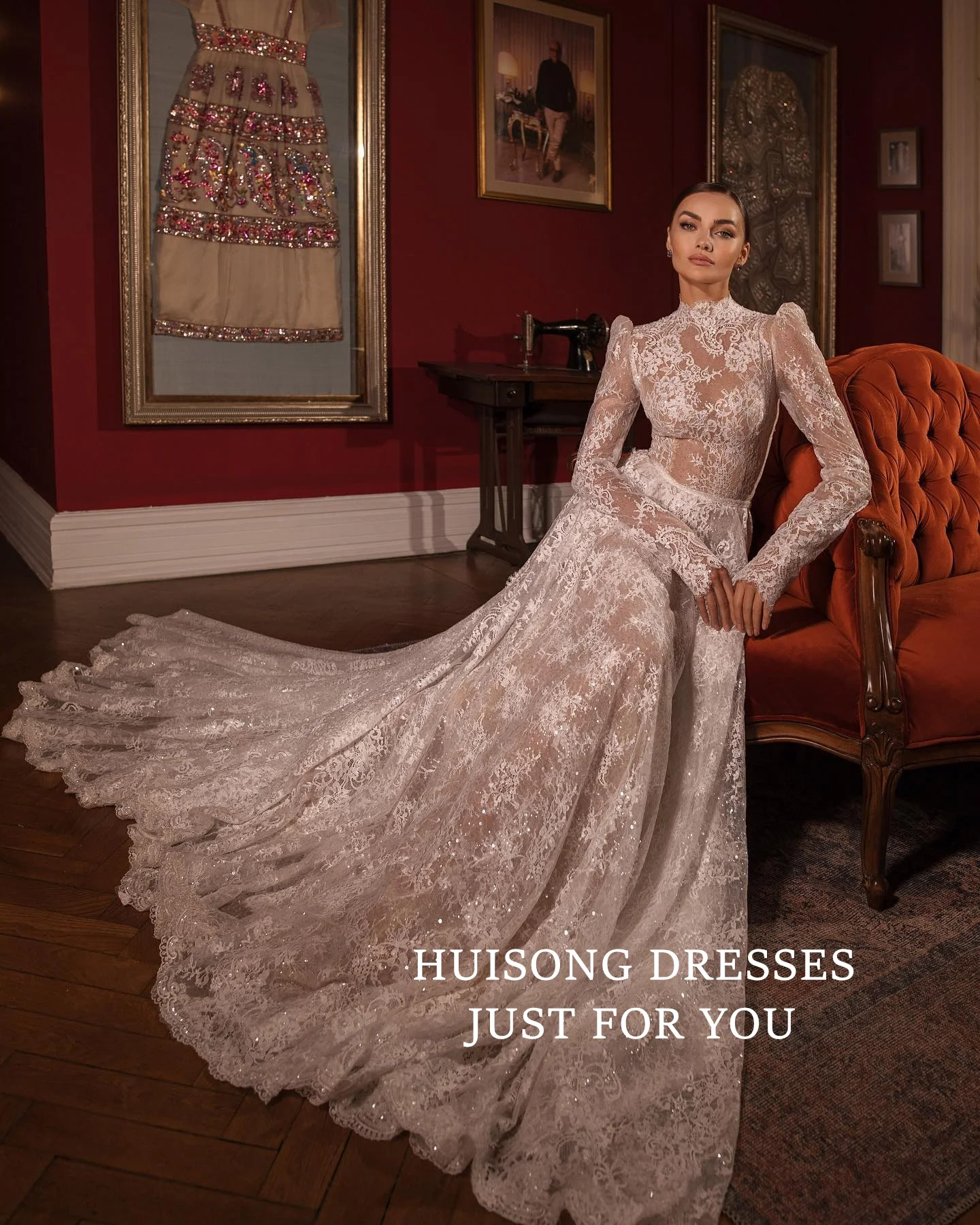 

HUISONG Customized Vestidos De Novia Modest Wedding Dresses Lace Appliques High-Neck Long Sleeves A-Line Beach Bridal Gown