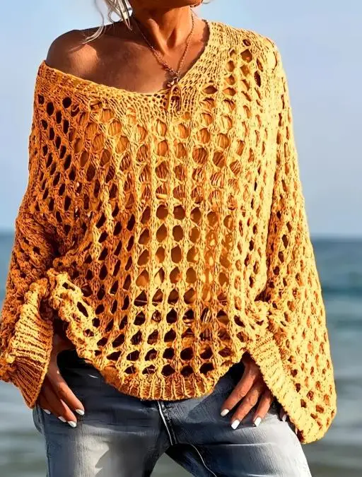 

Fashion Trend Personalized V-Neck Hollow Knitted Hoodie Women's Leisure Vacation Style Beach Beach Loose Long Sleeve Hoodie