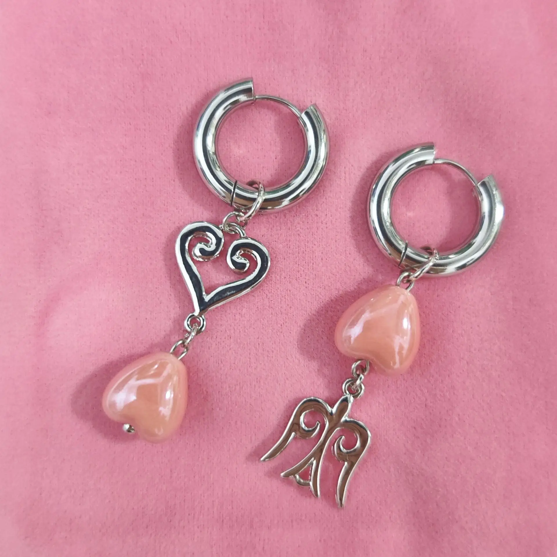 

Flying Birds Pink Ceramics Love Heart Asymmetry Pendant Earrings Female Simple Personality Trendy Cute Ear Buckle Charm Jewelry