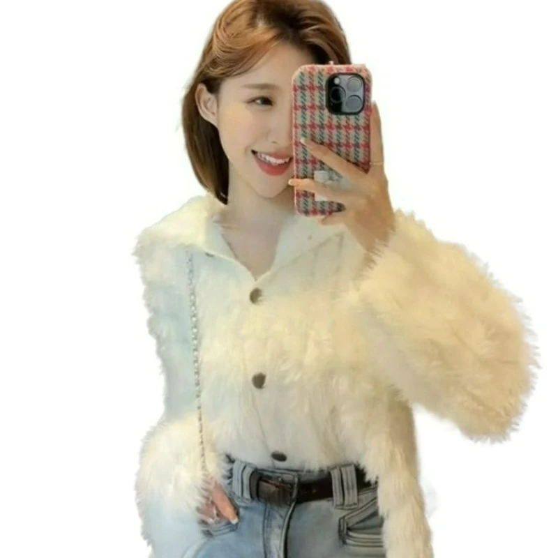 เสื้อคลุมไหมพรมมิงค์ถักทออย่างมีสไตล์ รุ่นใหม่สำหรับฤดูใบไม้ร่วงและฤดูหนาว เสื้อคลุมตัวนอกทรงหลวม เสื้อสเวตเตอร์หนาสำหรับผู้หญิง