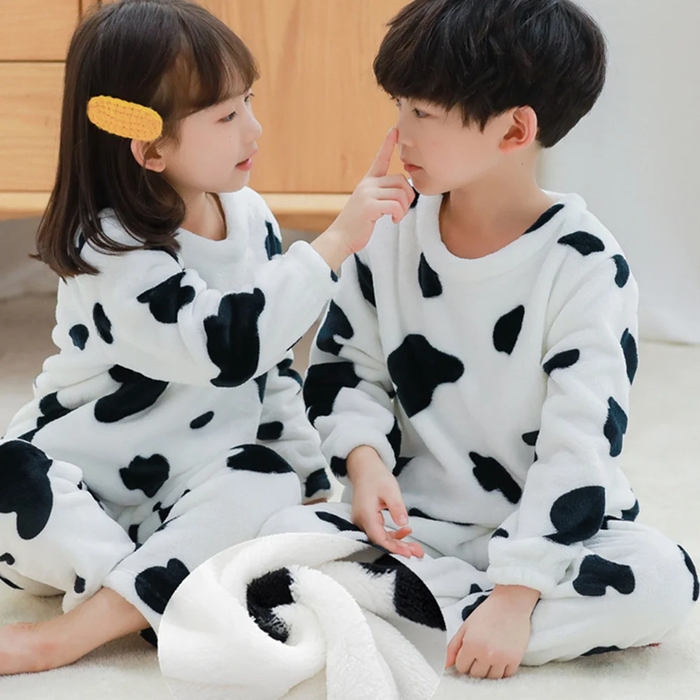 

1Set Cartoon Cow Flannel Pajamas Kids Warm Breathable Sleepwear Home Leisurewear Children Nightgown Kids Flannel Pajamas
