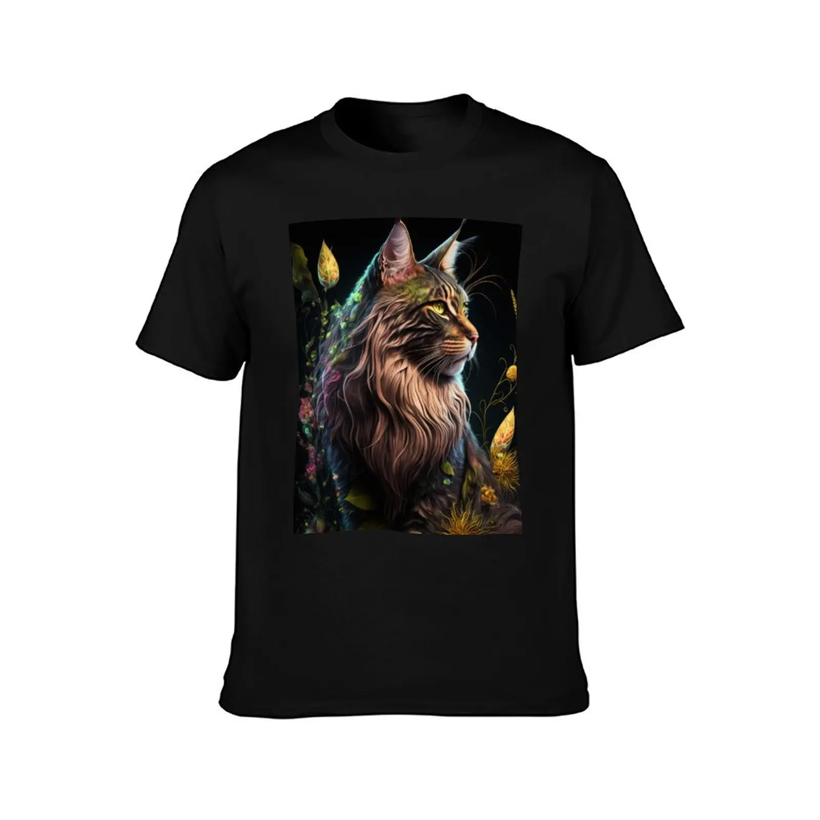 Timothy The Maine Coon Cat and Flowers 5 T-Shirt Basic Daily Outfit Short Sleeve Tee