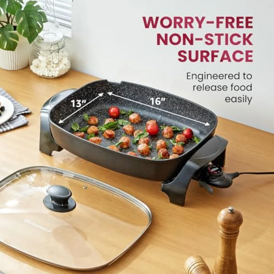 EG6203 Extra Deep 16x13x3.2 10.5Qt. Scratch Resistant Easy Pour Spout Dishwasher Safe Non-stick Electric Skillet with Vented Gl