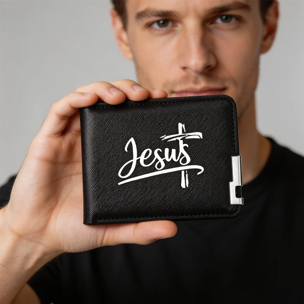 Men's Jesus Cross Pattern PU Leather Double Fold Short Wallet Casual Multi-Slot Credit Card Holder Mini Wallet