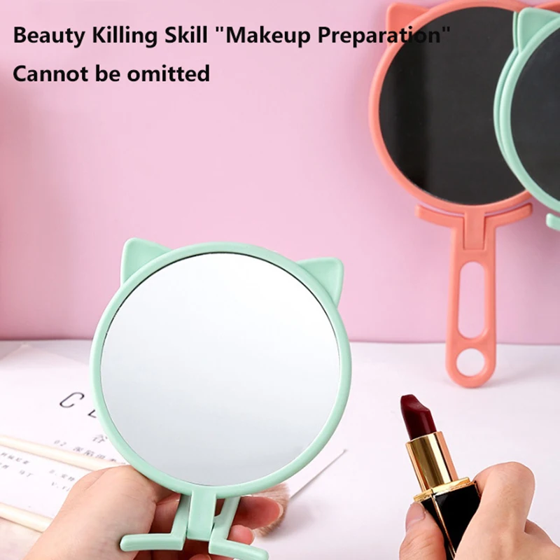 1pc Simple Cat Ears specchio per il trucco portatile HD specchio da tavolo pieghevole portatile a doppio uso specchio per il trucco con manico per studenti a prezzi accessibili