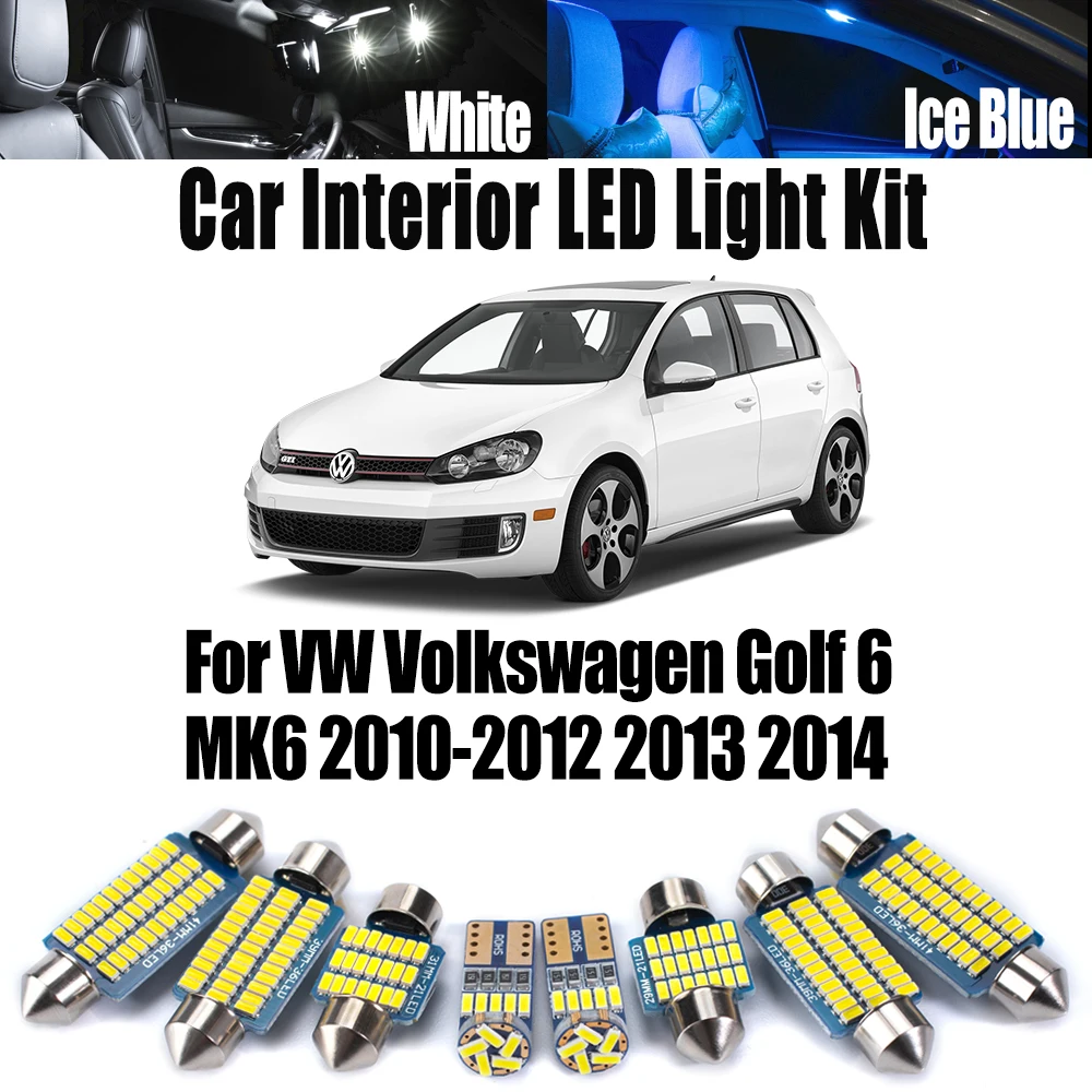 12Pcs Car Accessories For VW Volkswagen Golf 6 MK6 2010 2011 2012 2013 2014 LED Interior Map Dome Light Vanity Mirror Bulb ​Kit