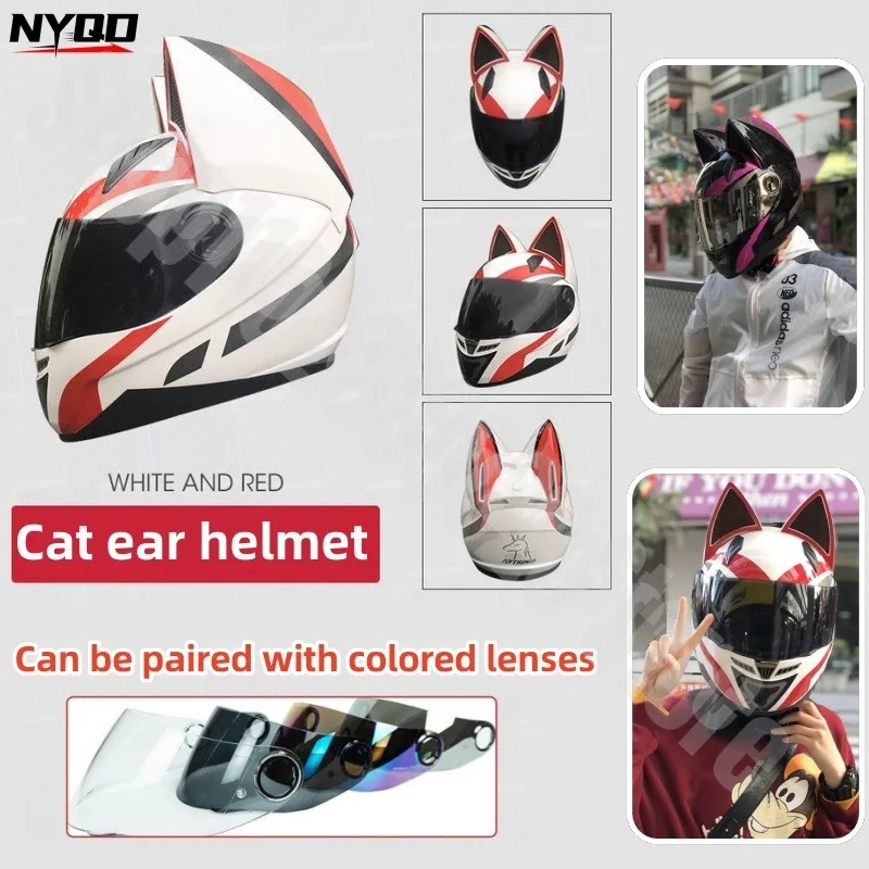 

New Cute Cat Ear Helmet Motorcycle Rider Full Helmet with Horns Sunscreen Lens Ventilation and Breathability for All Seasons