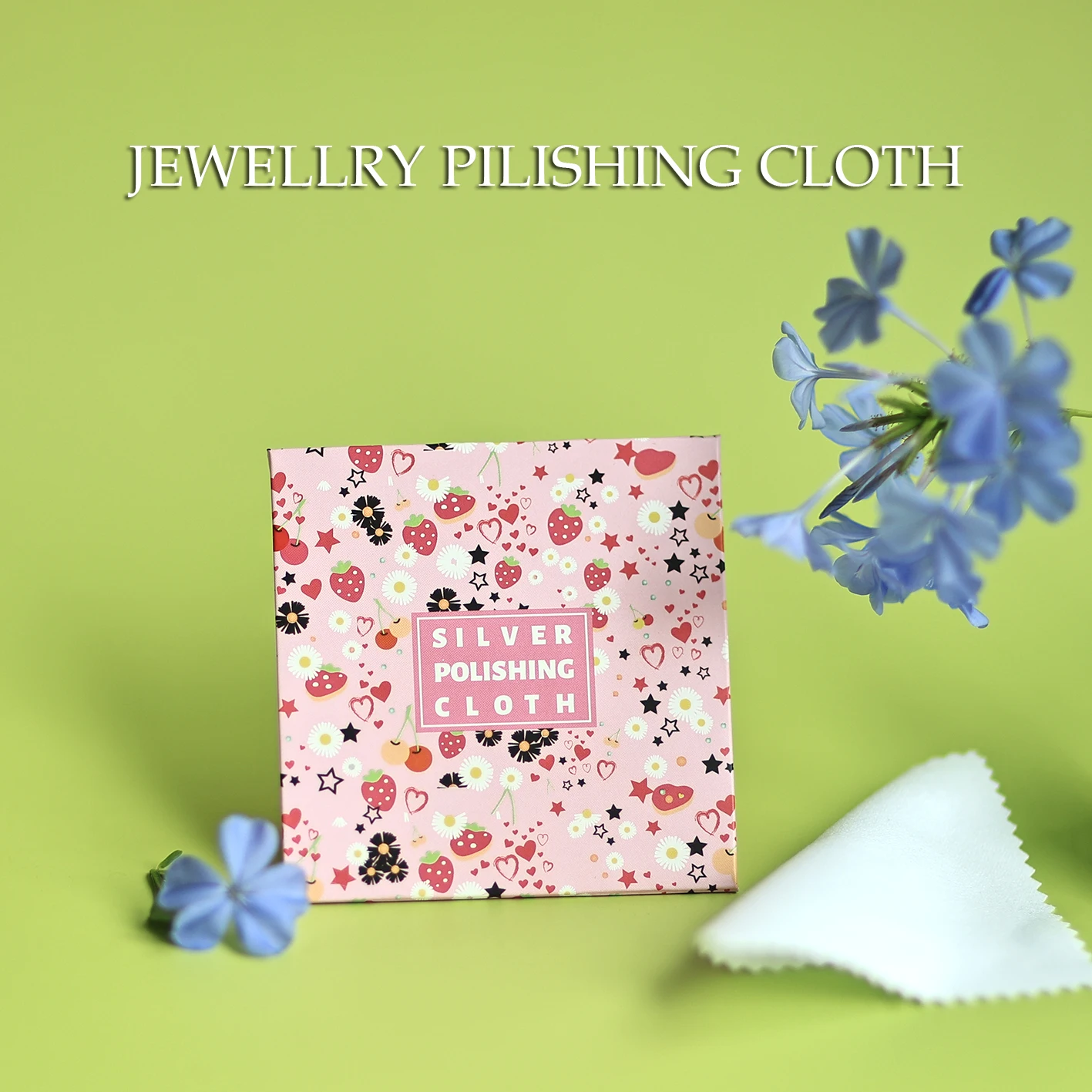 Square Necklace Polishing Cloth Silver Jewelry Cleaning Cloth Deer Leather Velvet with Pink Strawberry Packaging for Customers