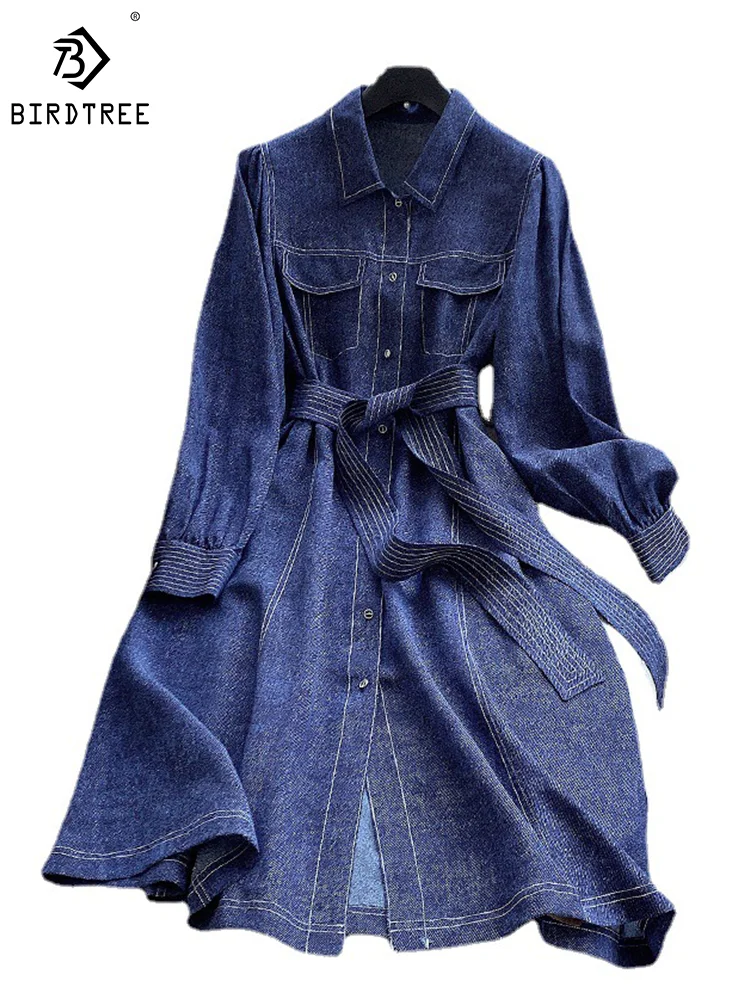 

Birdtree 100%Real Silk Casual Denim Dress Women Turn-down Collar Long Sleeve Elegant Retro Dresses 2024 Spring Summer D41439QM