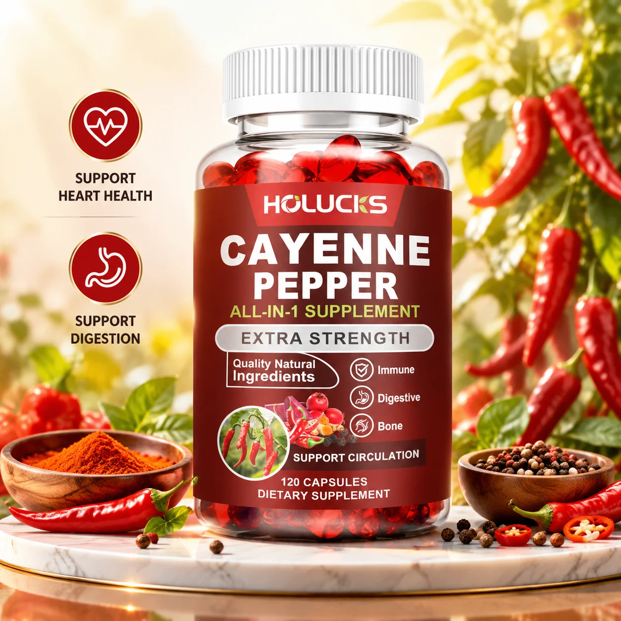 Premium Cayenne Pepper Supplement, with Grape Seed Oil, Turmeric, for Bone & Joint Health, Daily Digestive & Immune Health