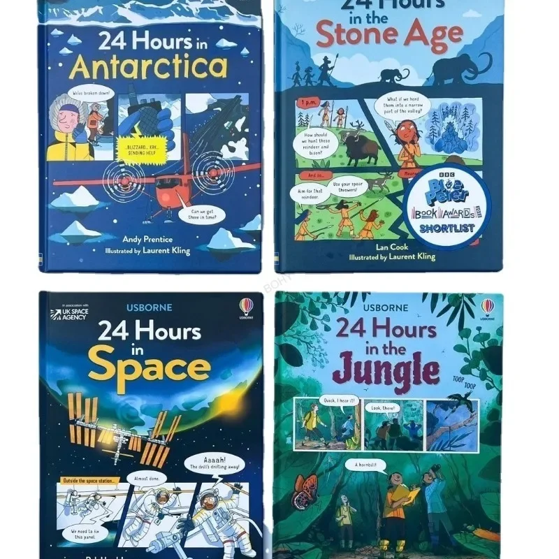 4books Usborne 24 Hours in The Stone Age Space Jungle Antarctica Kids Early Education English Reading Picture Book Hard Cover