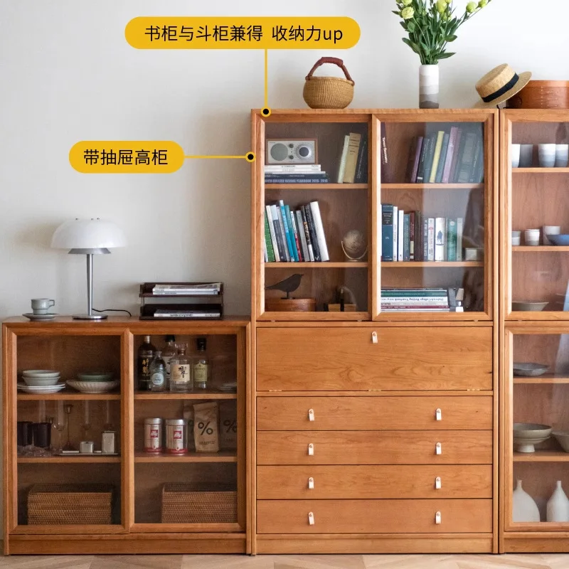 Bookcase Solid wood medieval style sliding door Side cabinet Display cabinet Storage