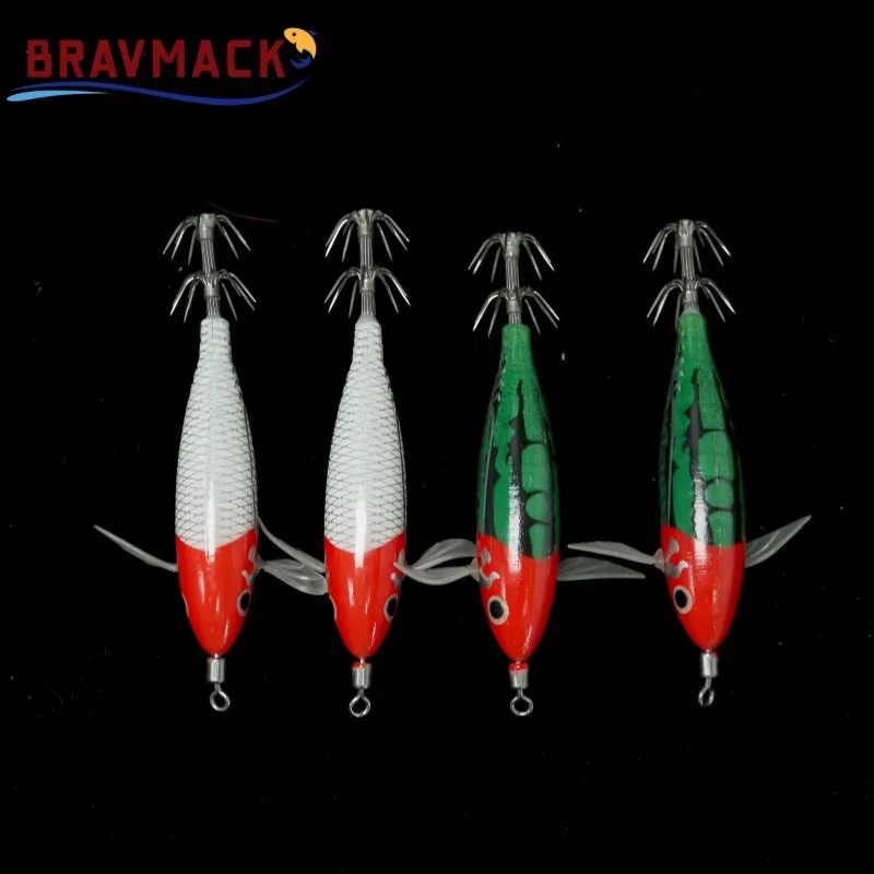BRAVMACK 4Pcs 8cm Red Head Scale Glow Squid Jig with Side Fins Sea Fishing Lure