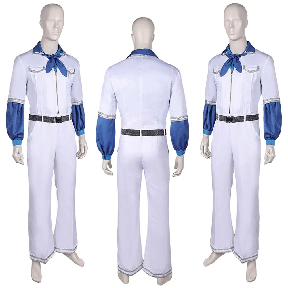 Benny Anderson Retro Cosplay Men Costume 70s Band Roleplay Vintage White Jumpsuit Top Tie Set Outfits Men Halloween Party Suits