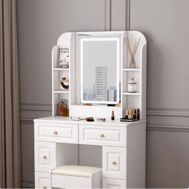 Vanity Desk Set with  Lighted Mirror  Power Outlet,  Drawers Makeup Vanities Dressing Table with Stool