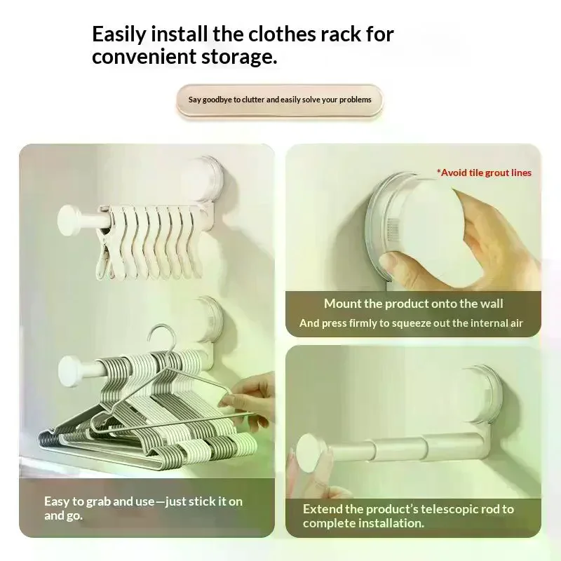 No-Drill Hanger Storage Rack Suction Cup Installation Adjustable Length Rack Retractable Multi-function Hanger Container