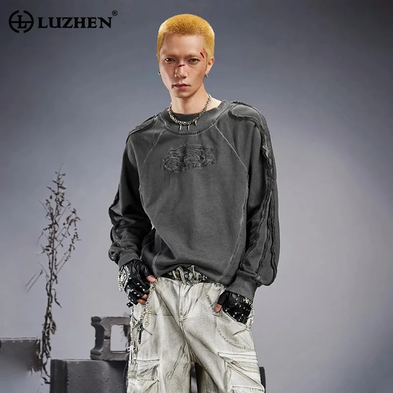 LUZHEN 2026 New Trendy Original Embroidery Patchwork Design Long Sleeve T-shirts Men's Handsome Solid Color Street Tops JY9503