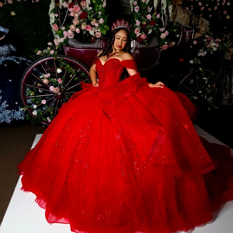 

Red Shiny Ball Gown Quinceanera Dresses Applique Lace Beading Crystal Tull Corset Off The Shoulder Sweet 16 Dres vestidos 15