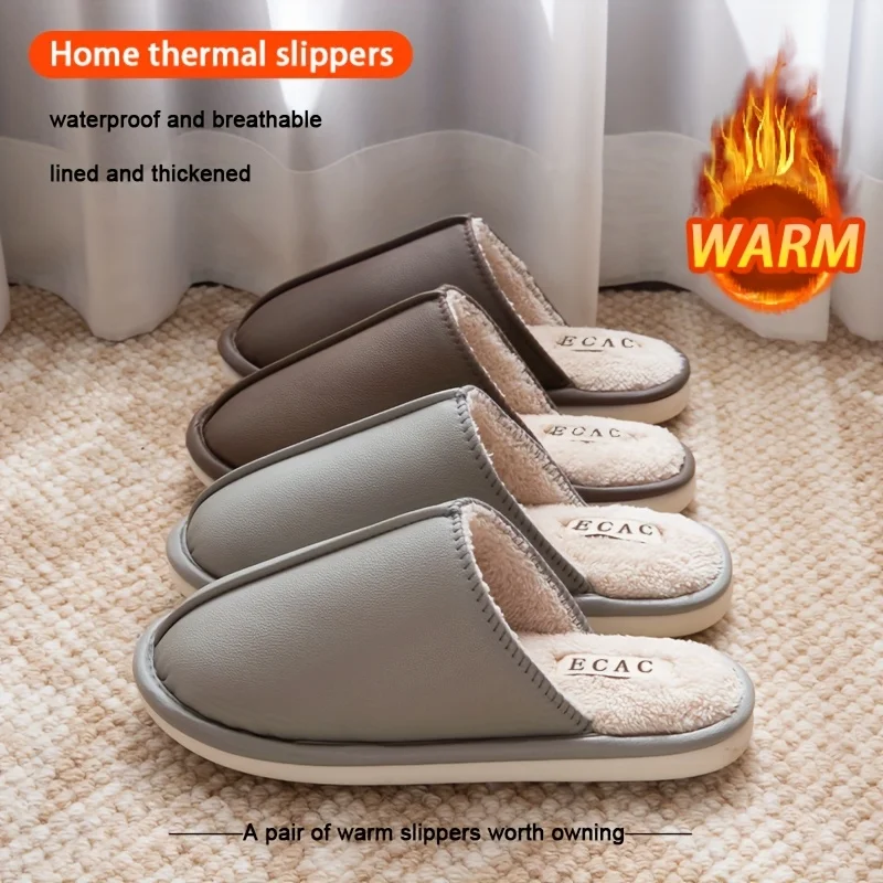 

Winter Waterproof Slippers for Men Plus Size Warm Plush Lining Anti Slip Sole Indoor House Shoes Cozy Fur Thermal Soft Footwear