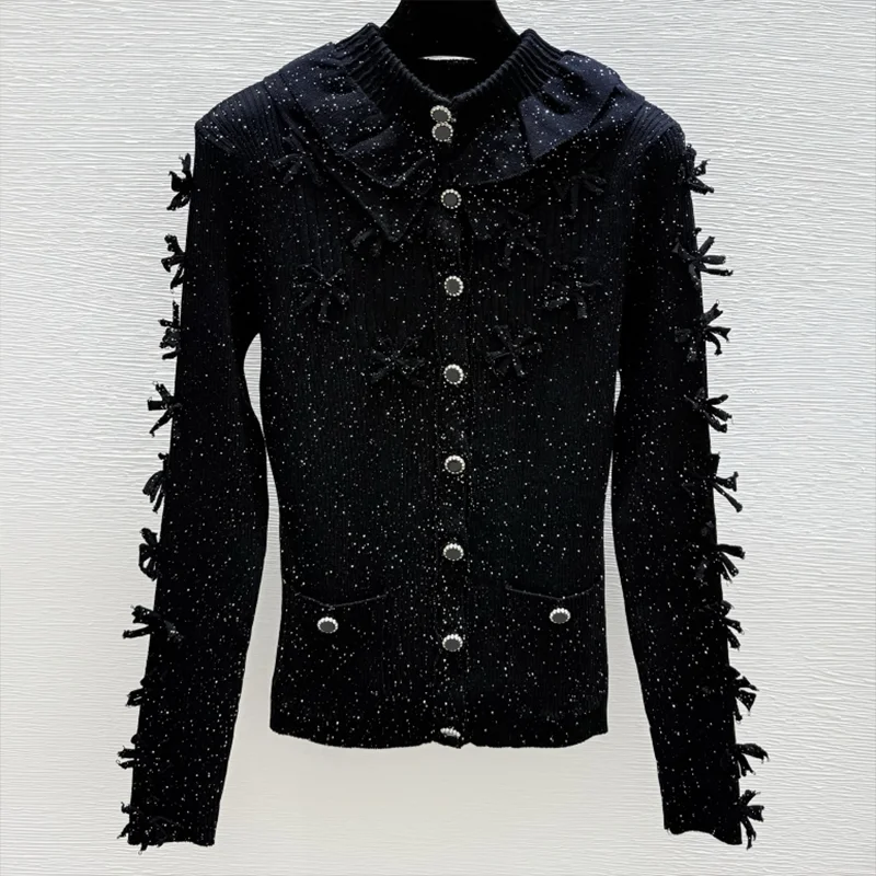 

Высококачественный женский кардиган с кружевными краями и круглым вырезом, тонкий блестящий декор, свитер, роскошная одежда 251102140