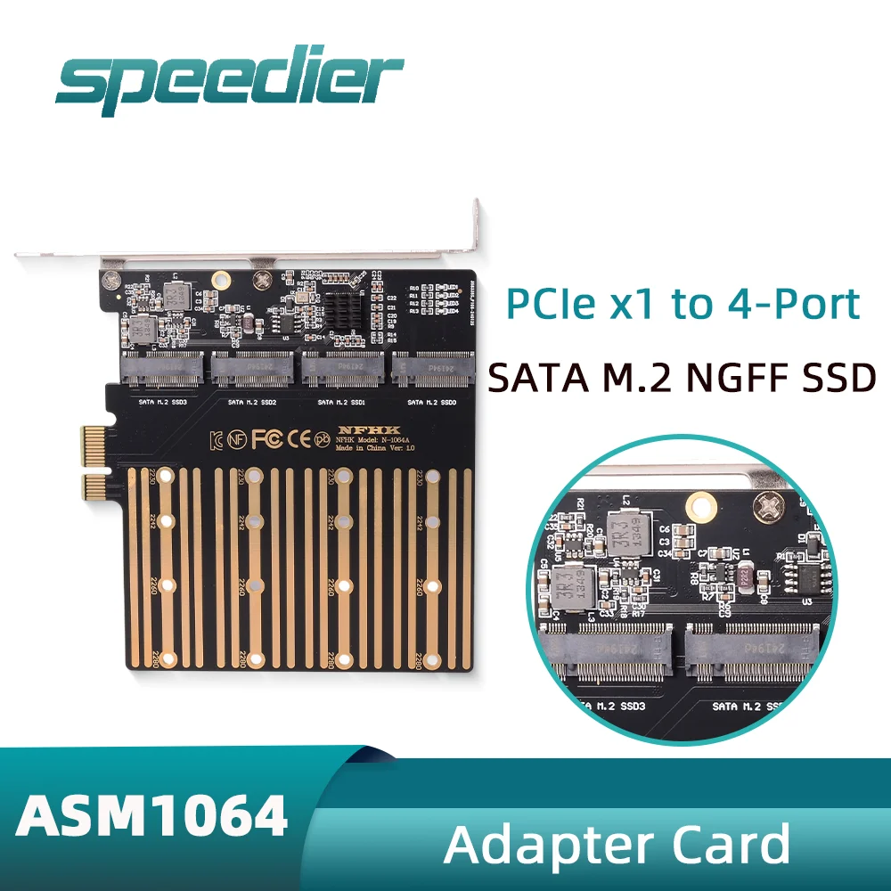 

ASM1064 Chip PCIe X1 X4 X8 X16 To 4-port SATA M.2 NGFF SSD Adapter Riser Card backplane Supports PCI-E 5.0 / 4.0 3.0 2.0 1.0