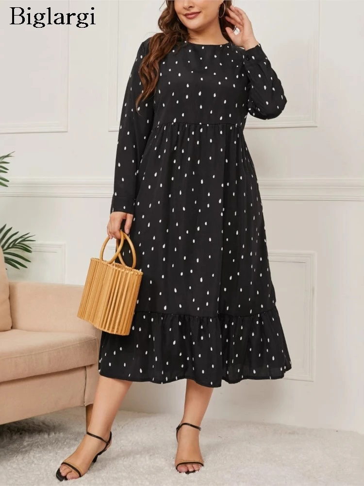 Plus Size Herfst Polka Dot Print Jurk Vrouwen Ruche Mode Losse Geplooide Dames Jurken Lange Mouw Vrouw Lange Jurk