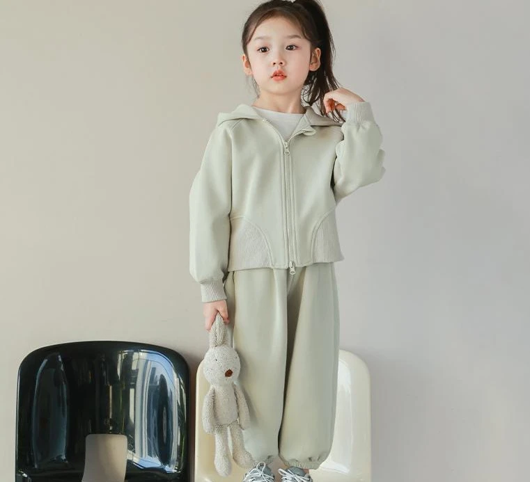 Childrens Sets Girl Hooded Sweater Sports Pants Spring Autumn New Baby Long Sleeves Loose Coat Solid Color Two Pieces 2024