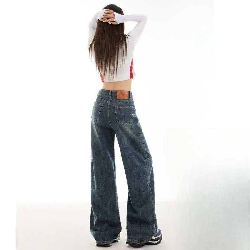 American Vintage Washed Jeans Casual Design Slimming Effect with Draping Wide-Leg Pants Y2k 2000s Clothes Women's Pants