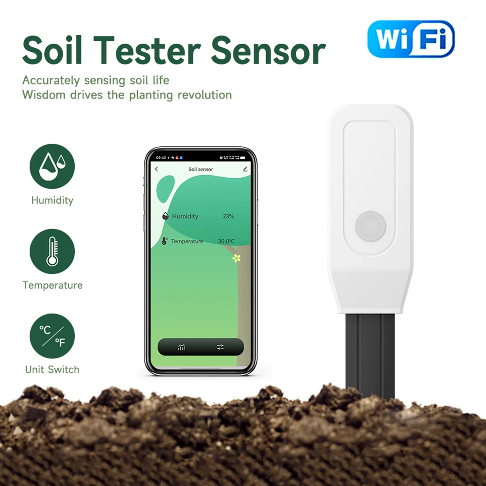 

Moisture Temperature Humidity Sensor Multi-Function Wireless Earth Hygrometer Soil Water Content Monitor for Plants Flowers