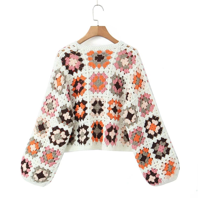 YENKYE 2024 Geometric Plaid Hand Made Crochet Crop Cardigan Women Long Sleeve Short Boho Sweater Open Stitching Holiday Knitwear