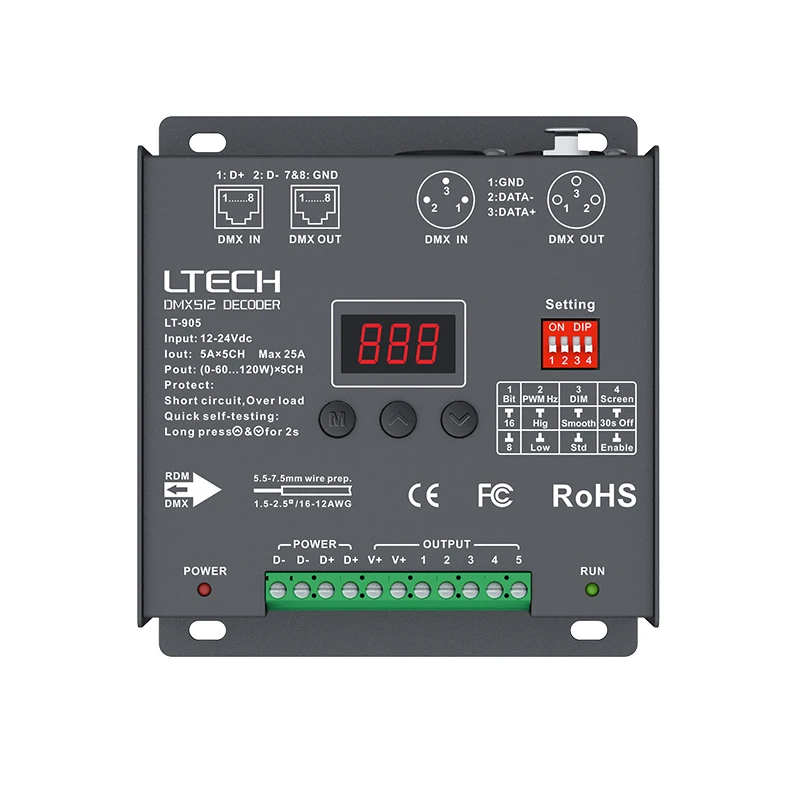 

LTECH LED DMX-RDM Decoder;DC12-24V Input 5A*5CH 5 Channel Output RGB RGBW RGBCCT Strip DMX512 Controller XLR-3 RJ45 DMX Slave