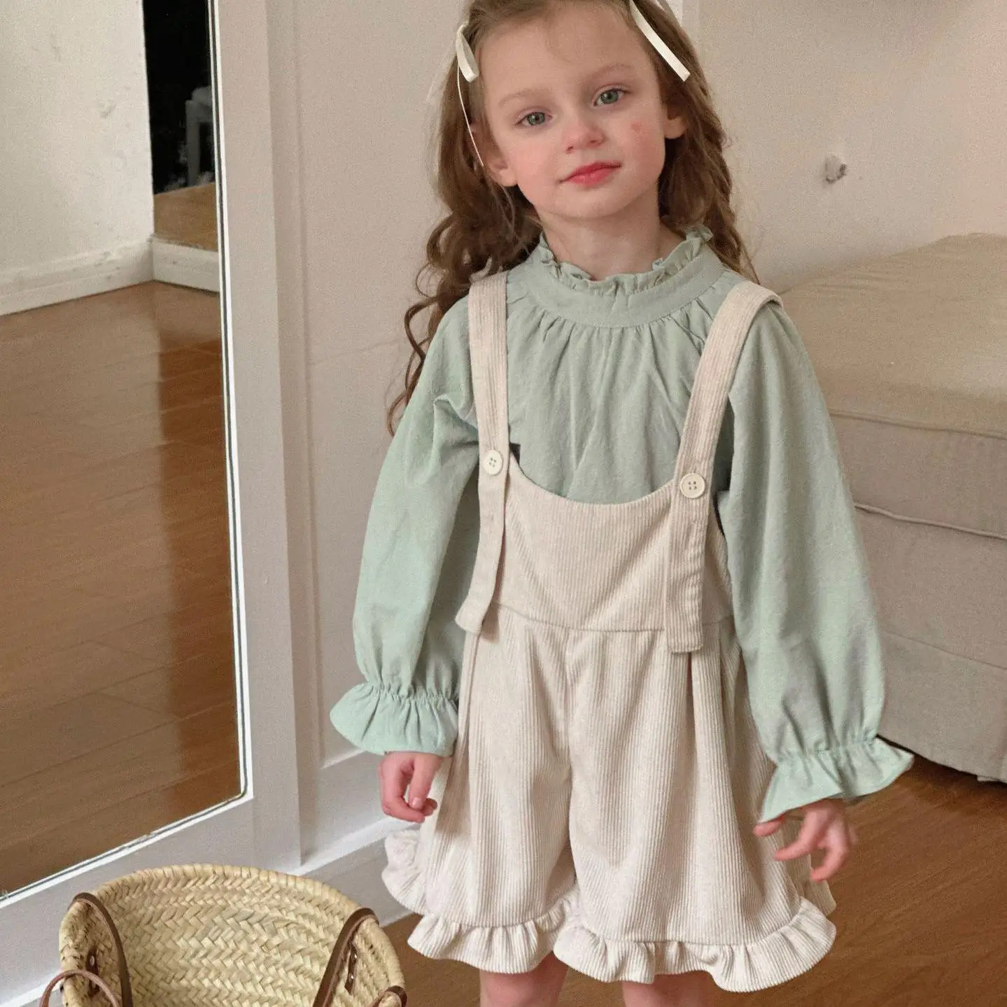 

2024 Spring Girl Baby Solid Loose Long Sleeve T-shirt Children Ruffle Cotton Overalls Kid Casual Tops Toddler Suspenders Pants