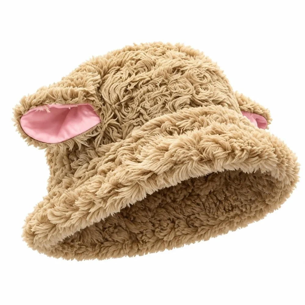 Trendy Plush Plush Bucket Hat Fluffy Soft Sheep Fisherman Hat Fuzzy Warm Lamb Ear Hat Outdoor