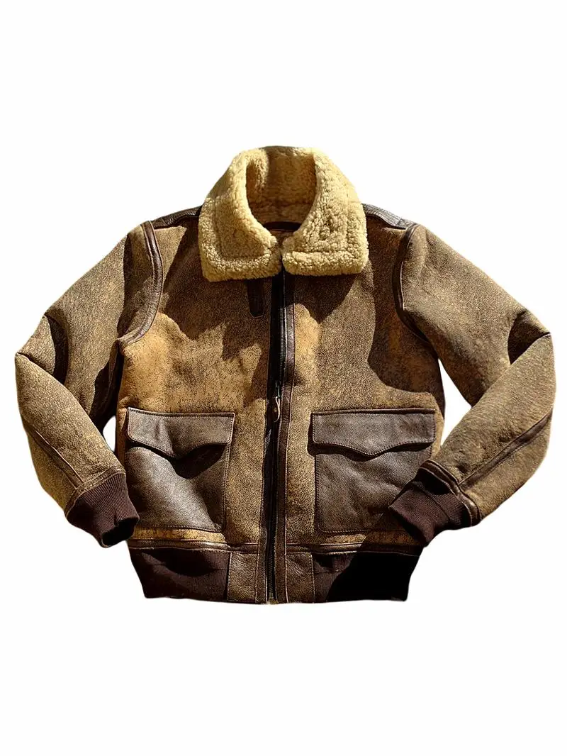 

Men's Distressed A-2 Shearling Bomber Jacket Warm Casual Leather Coat in Coffee Brown Dark Brown Dark Olive Green Colors