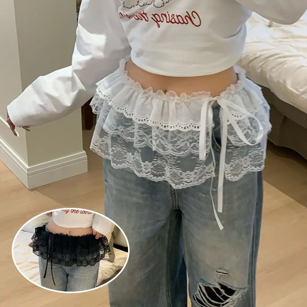 Korean Style Flower Lace Layered Gauze Skirt Y2k Streetwear Lace-up Pleated Mini Lace Skirt Lace Fungus Fart Curtain
