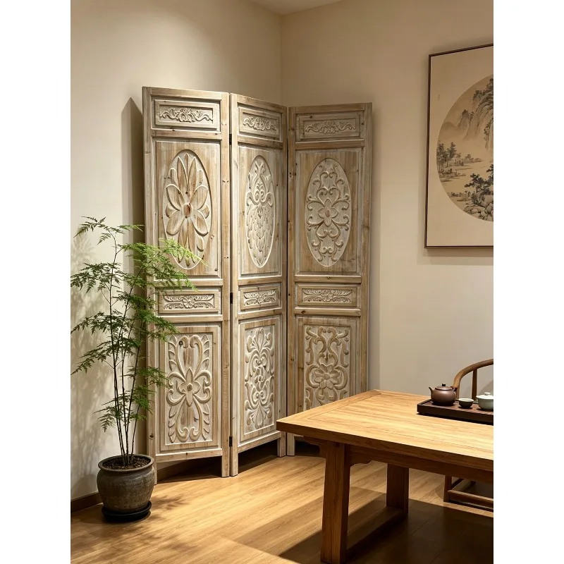 Solid wood retro carved screen, foldable three-fan carving process antique partition