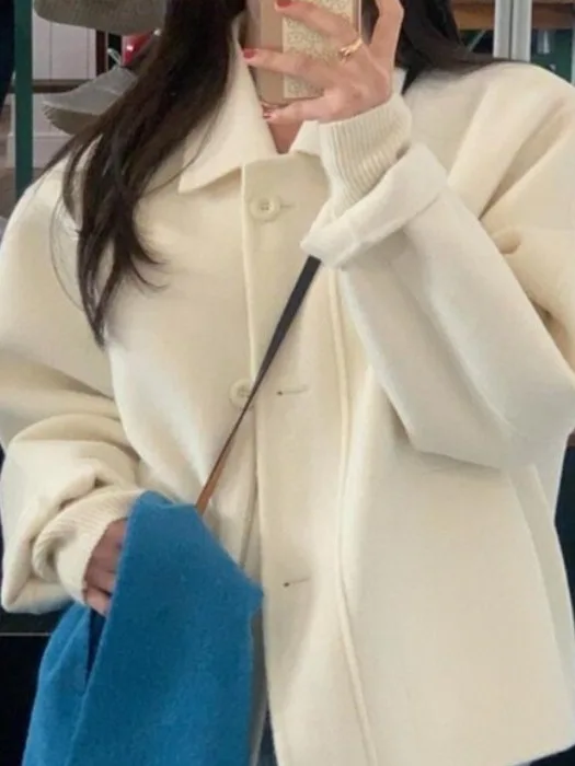 

Высококачественное свободное универсальное шерстяное женское пальто в стиле ретро с лацканами в Корейском стиле на молнии или шерстяное пальто с прямой трубкой Sle Lon...