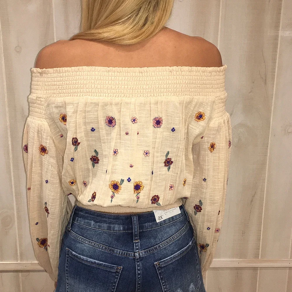 Le Luz Floral Embroidery Summer Tops Blouses Womens  Off Shoulder Sexy Boho Hippie Womens Blouse Chic Cotton Ladies Ladies Top