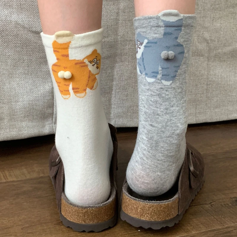 2/3 Pcs Spot Abstract Three-dimensional Cat Egg Socks Middle Tube Socks Cute and Funny Cat Ins Cute and Fun Long Socks