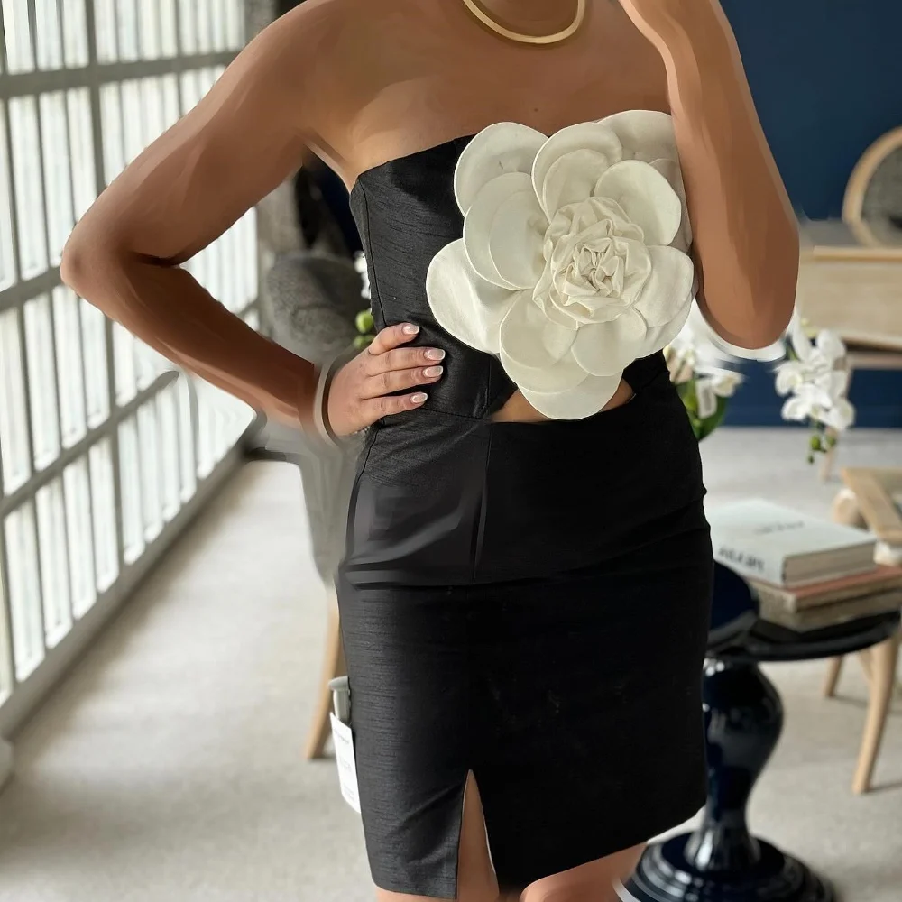 Customized Evening Satin Handmade Pleat Flower Christmas A-line Strapless Bespoke Occasion Gown Short Dresses Saudi Arabia